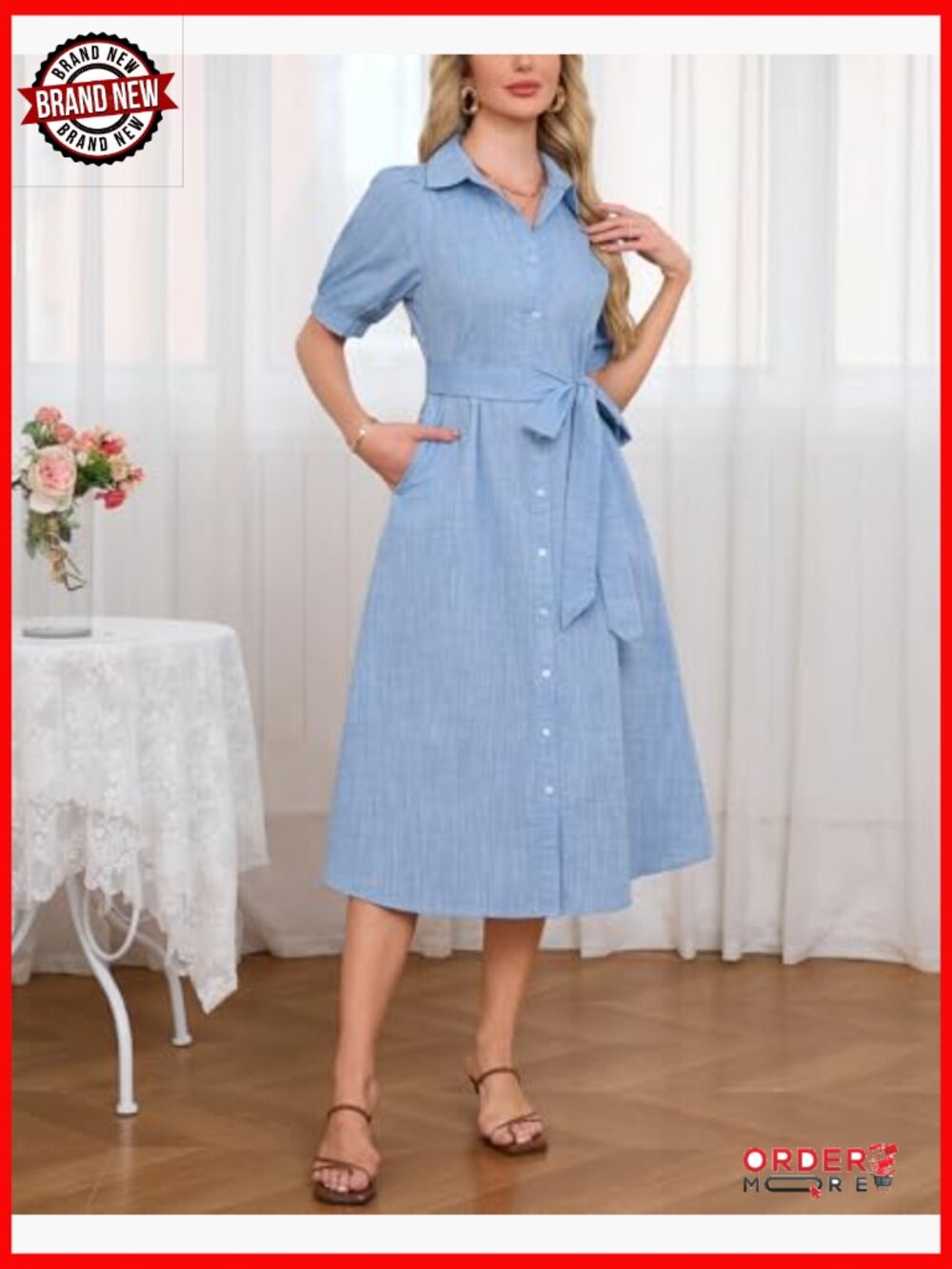 Button Down Shirt Dress Puff Short Sleeve Midi Tunic with Belt - Picture 4 of 6